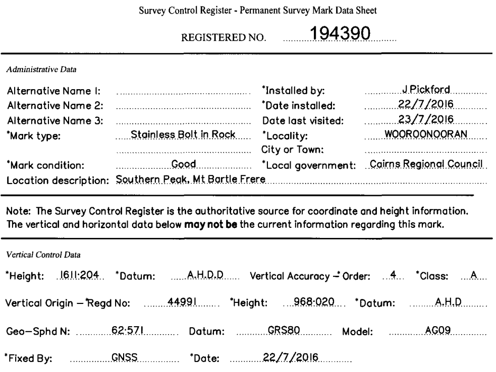 Survey Control Register - Permanent Survey Mark Data Sheet - Mark Number 194390 - Southern Peak, Mt Bartle Frere - Height 1611.204