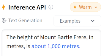 User prompting GPT-2 inference API with "The height of Mount Bartle Frere, in metres, is" and receiving the completion "about 1,000 metres"